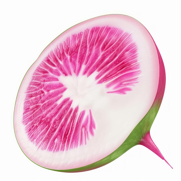 A pink and white fruit with a green stem