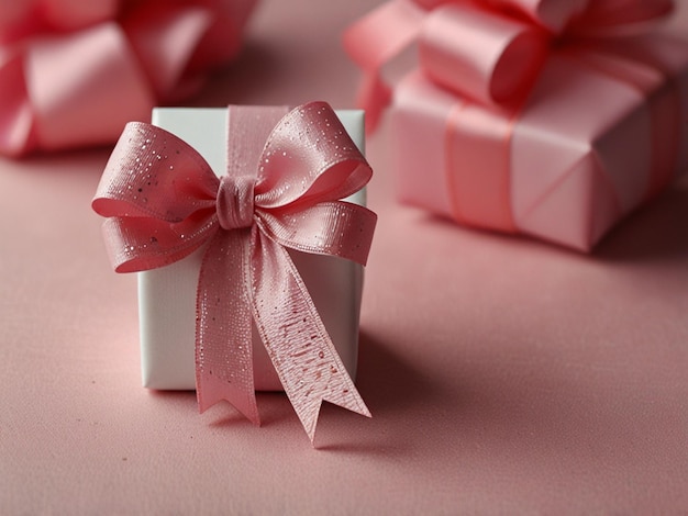 a pink and white gift box with a pink ribbon on it