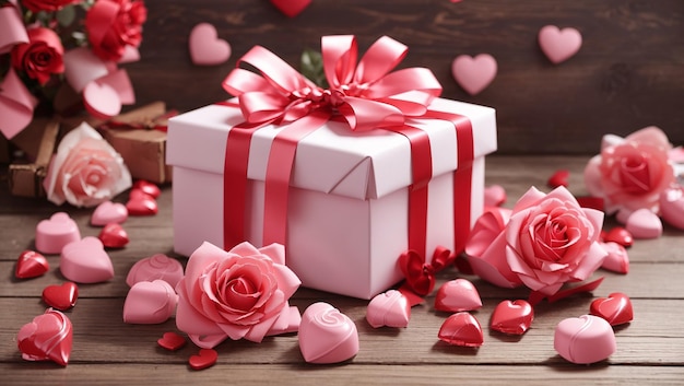 pink and white gift box with a red ribbon and bow along with several pink and red roses and heart