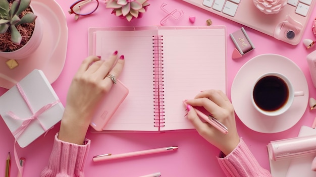 Pink white grey Bible flat lay with black tea pink roses colorful Bible pen and a woman s hand