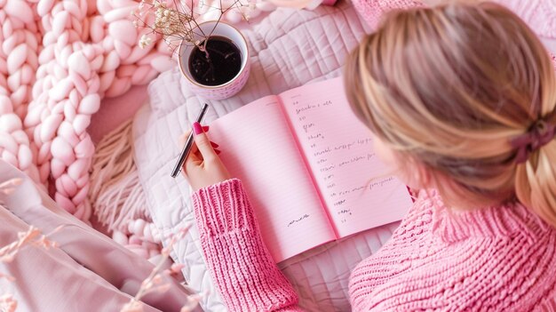 Pink white grey Bible flat lay with black tea pink roses colorful Bible pen and a woman s hand