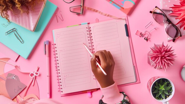 Pink white grey Bible flat lay with black tea pink roses colorful Bible pen and a woman s hand