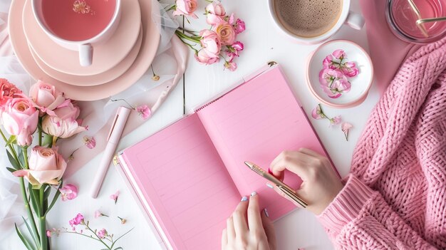 Pink white grey Bible flat lay with black tea pink roses colorful Bible pen and a woman s hand