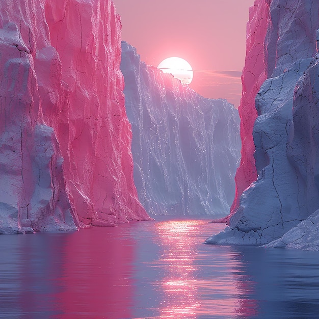 a pink and white iceberg is in the water