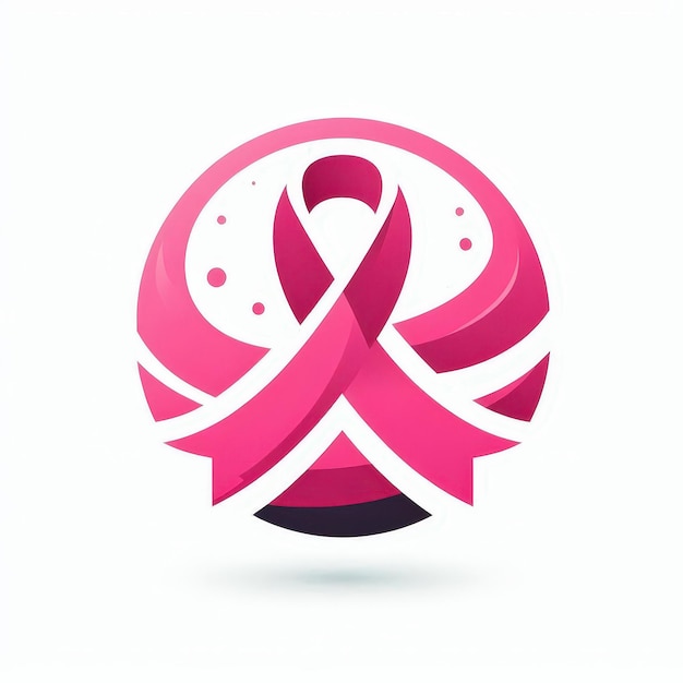 a pink and white logo with a pink ribbon on it