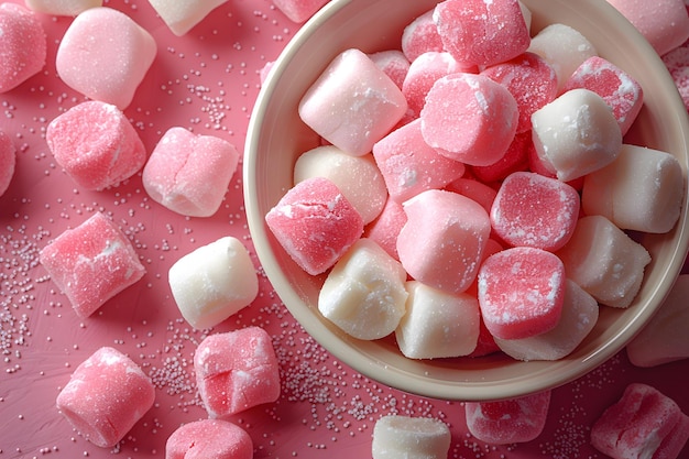 Pink and White Marshmallows in a Bowl on Pink Background Sweet Candy Dessert Concept Perfect for Poster Card Digital Design