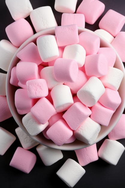 Photo pink and white marshmallows on dark background