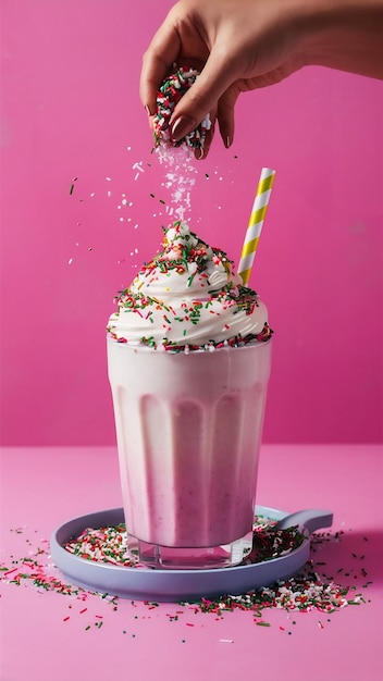 Photo a pink and white milkshake with sprinkles and a sprinkle of sprinkles on top of it