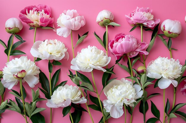 Photo pink and white peonies on pink background with copy space for text flat lay greeting card template