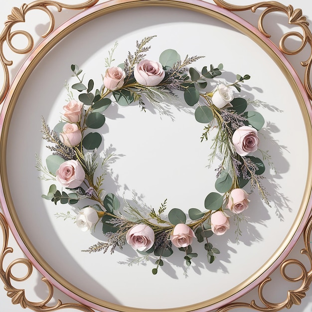 a pink and white plate with a pink frame with a pink rose and green leaves