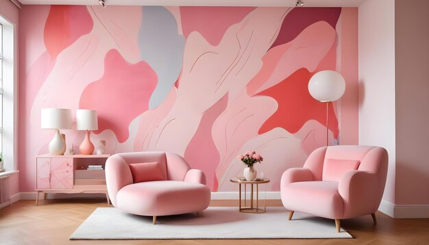 Photo a pink and white room with pink chairs and a table with a lamp on it