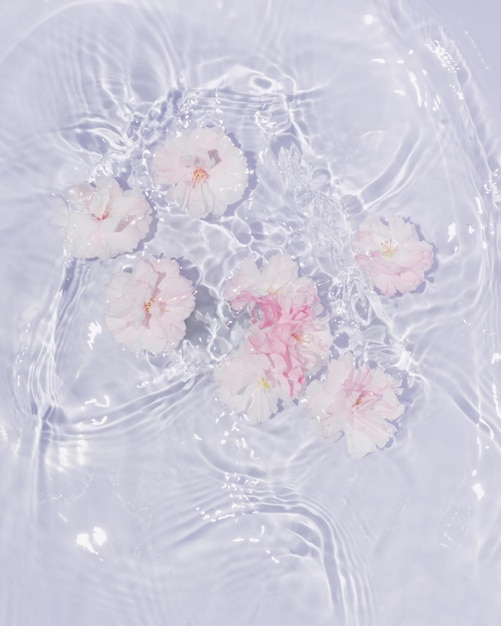 Pink and white rose flowers in water with purple waves Minimal flat lay nature background concept