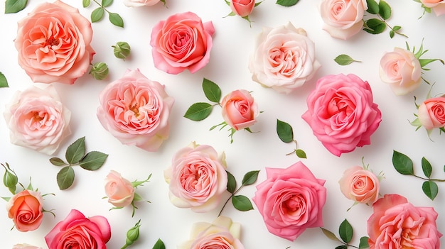 Pink and white roses arranged on a white surface