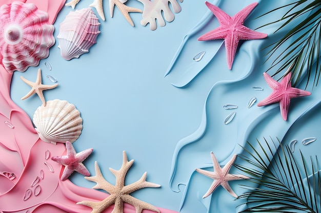 Pink and White Seashells and Starfish on Blue Background With Palm Leaf Generative AI