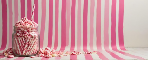 Photo a pink and white striped cake with pink roses on the side