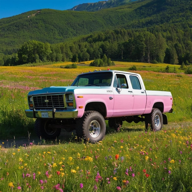 Photo a pink and white truck is parked in a field of wildflowers