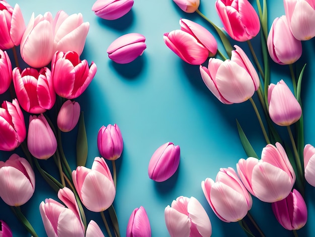 Pink and white tulips on a blue background