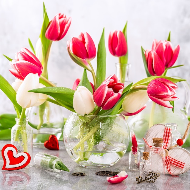 Pink and white tulips in glass vases on the light gray surface. A gift for valentine's day. Greeting card for mother's day