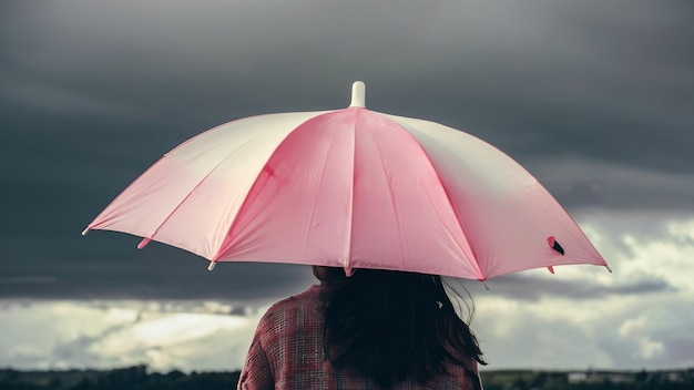 Pink and white umbrella with dark stormy clouds