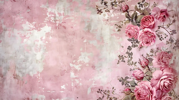 a pink and white wall with roses on it