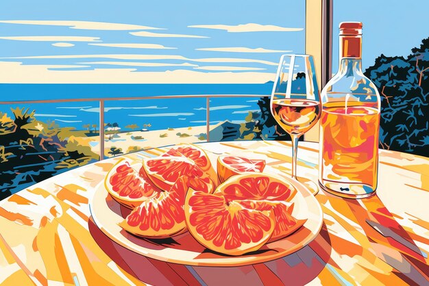 Pink Wine and sliced oranges on a table with a sea view