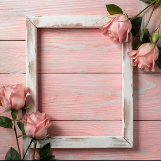 Pink wooden background has roses placed next to it in a rectangular frame