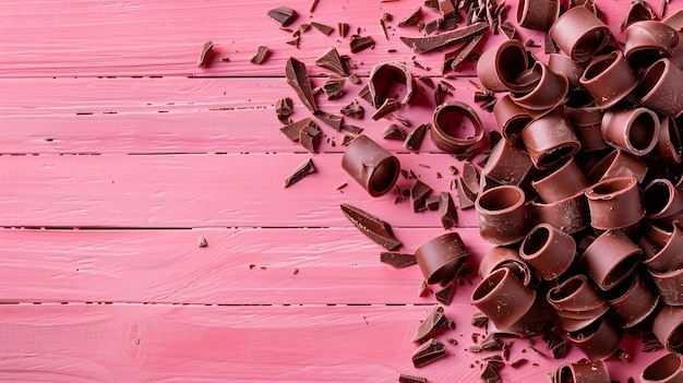 Photo a pink wooden table with chocolates and chocolates on it