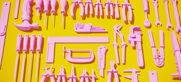 Pink workshop tools set on yellow background background