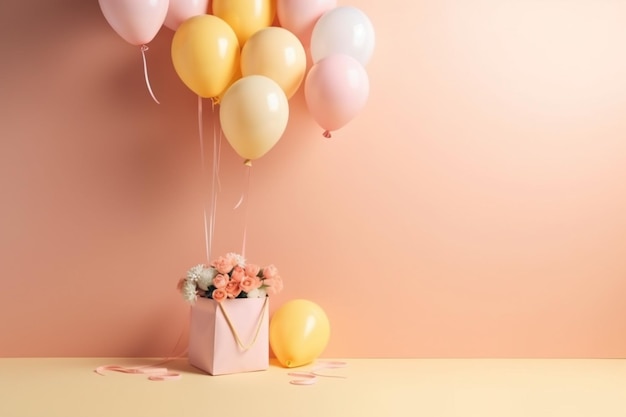 Pink and yellow balloons with a gift box and pink flowers on a pink background