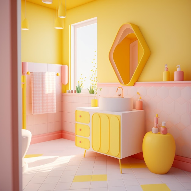 Pink and yellow bathroom with sink toilet and mirror Generative AI