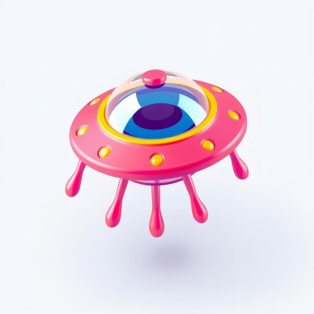 Pink and yellow cartoon spaceship with a blue eye isolated on a white background