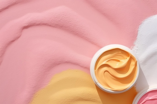 A pink and yellow cream with a pink background.