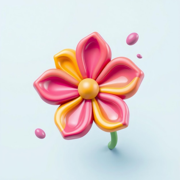 A pink and yellow flower with 5 petals surrounded by smaller pink orbs on a light blue background