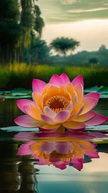 A pink and yellow lotus flower in a pond