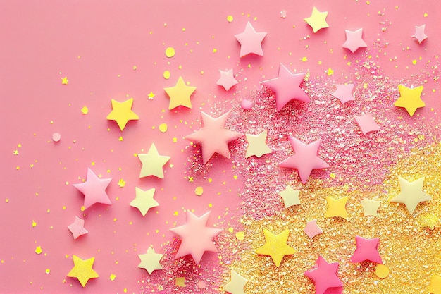 Pink and yellow pastel glitter stars and confetti on a pink background