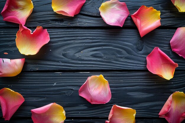 Photo pink yellow rose petals flat lay