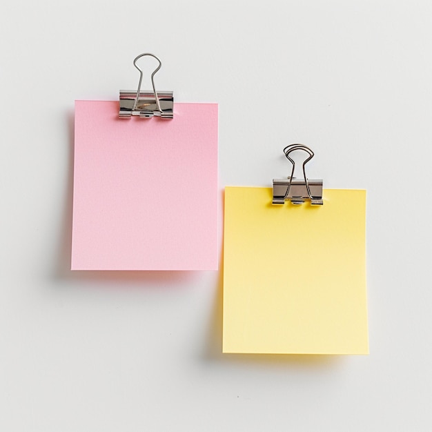 pink and yellow sticky notes with paper clip on a white background