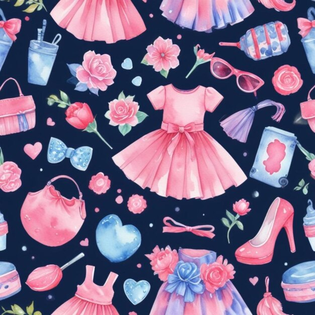 Photo pinkcore glamour seamless pattern pink pattern with cute vintage female accessories dresses