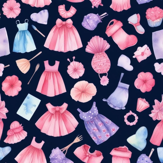 Photo pinkcore glamour seamless pattern pink pattern with cute vintage female accessories dresses