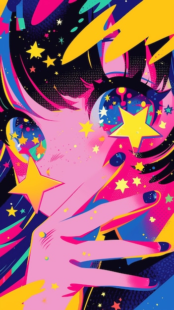 Photo pinkgirlstar neon anime girl with starry eyes