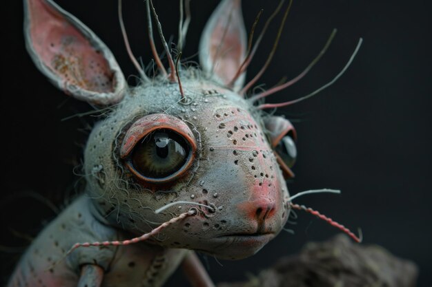 Photo pinkskinned small creature with large eyes and delicate whiskers in darkness