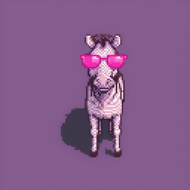 Photo pinksunglassed zebra in pixel art against a purple backdrop