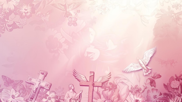 A pinkthemed background featuring religious motifs such as crosses and doves set against a backdro