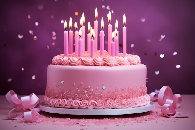 A pinkthemed birthday cake with candles pink life