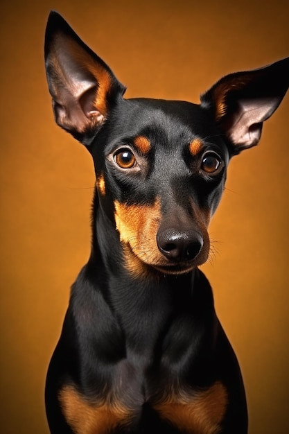 A pinscher is looking at the camera