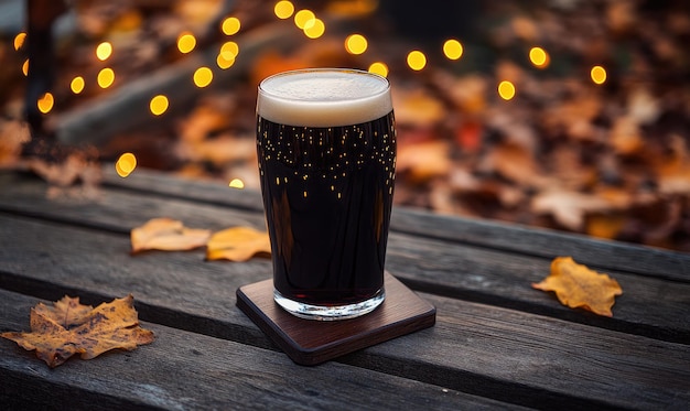 Photo pint of dark beer on wooden coaster surrounded by warm fairy lights autumn leaves scattered