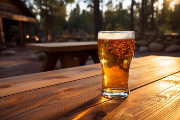 A pint of foaming beer in a glass on a peasant table in the rays of a sunset