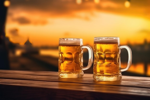 Pint on a wooden table in the golden light of a summer sunset with generative ai