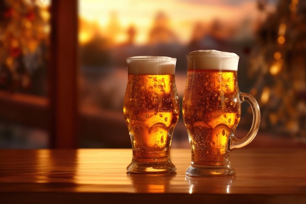 Pint on a wooden table in the golden light of a summer sunset with generative ai