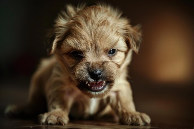 Photo a pintsized puppy with a tousled coat growls playfully